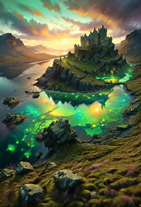 (by Ellen Jewett:1.5), (slightly gold Bioluminescent Impressionism, Scottish highland  landscape, The Dreamland, green earth, heather, sky sunset, sunrise, great castle on a crag, Crag, highland mountains, ethereal landscapes, depth of field, biotech emotion:1.3) <lora:xl_more_art-full_v1:0.5> <lora:add-detail-xl:1> <lora:RMSDXL_Creative:2>*Channel_42* PEAnimeBG
