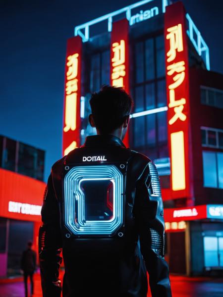 a hightech robotics in a man standing in front of a neon lit building , solo, 1boy, standing, male focus, from behind, english text, night, walking, silhouette , <lora:hightech_robotics:0.9>