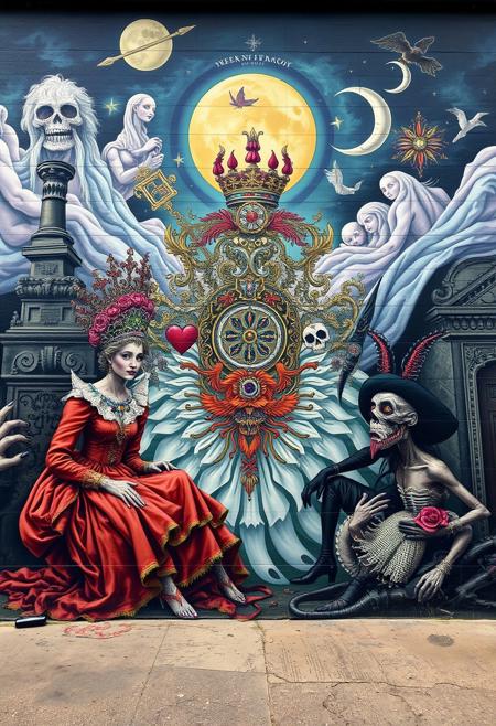 But seek no haven in my shadow.,surreal street art, theatrical composition, bold colors, dreamlike realism, intricate detailing, whimsical yet eerie atmosphere, symbolic storytelling, vibrant contrasts, expressive characters, ornate decoration, fantastical elements, psychological depth, baroque influences, grotesque surrealism, dynamic movement