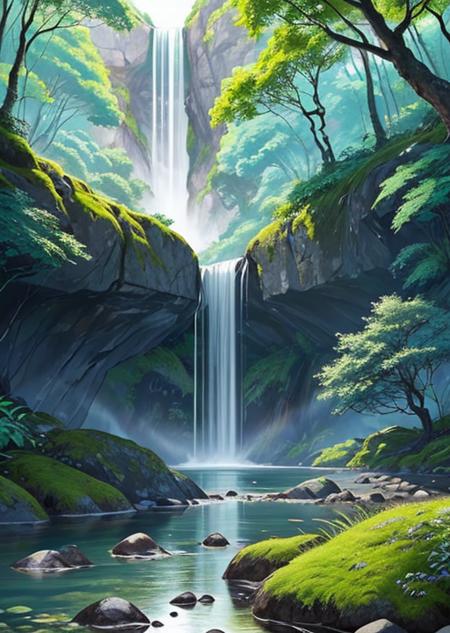 waterfall, rainbow, colorful flowers, moss, water, rocks, jungle, trees with very green leaves, very blue water,beautiful landscape, colird and tropical