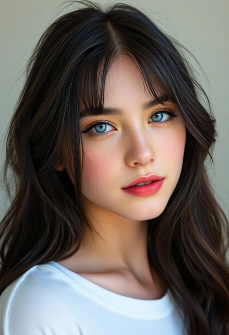 1girl, Instagram Model, 21 years old, pale skin,  long jet black hair, with loose waves and slighlty messy bangs,  light blue eyes, perfect beautiful face,   rosy cheeks, pink lips,  smoky makeup, black eyeliner,   neutral expression on her face, 
front light, photography, head shot, realistic, 
stright on angle, tanken with a Canon EOS R5, and Canon RF 50mm f/1.2L USM lenses,
