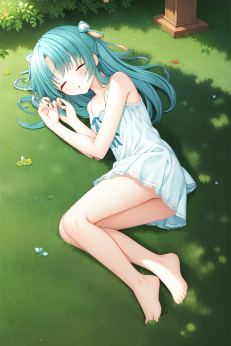 yuukimiwa, hair down, 1girl, solo, sleeping, lying, on side