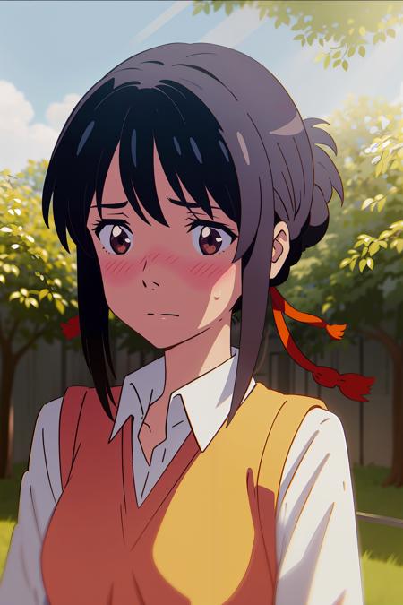 <lora:miyamizu_mitsuha:0.75>,miyamizu_mitsuha,1 girl,solo,(upper body),(shy),(blush),(sweat),yellow school uniform, white shirt, outdoors,(light rays:1.2),(sun:1.2),(blue sky:1.1), park,flowers,lawn,trees,