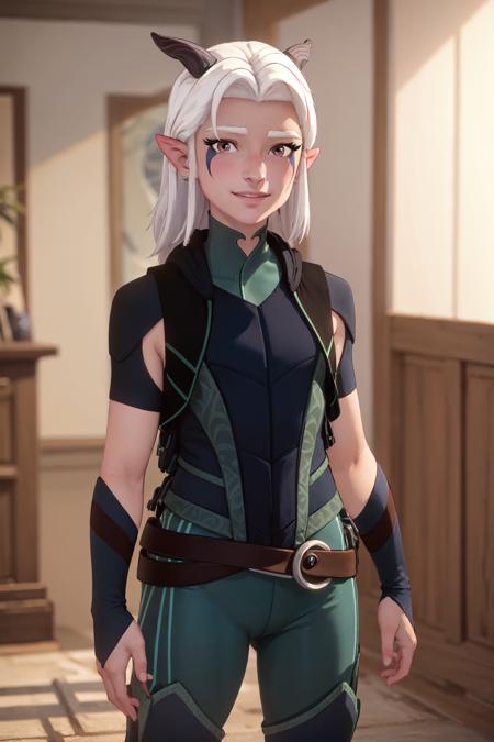 (masterpiece, best quality:1.2), <lora:thedragonprince_rayla-10:0.8>, cowboy shot, solo, 1girl, rayla, smile, looking at viewer, standing, bodysuit