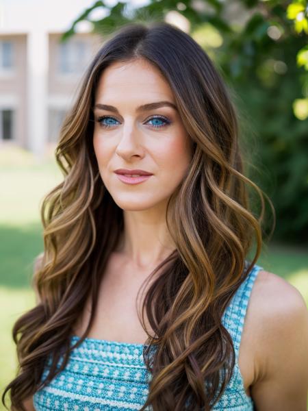 Realistic photo of a beautiful s4r4hjp woman,  1girl,solo,long hair,looking at viewer,smile,blue eyes,brown hair,green eyes,parted lips,blurry,lips,blurry background,portrait,realistic, soft lighting, professional Photography, Photorealistic, detailed, RAW, analog, sharp focus, 8k, HD, high quality, masterpiece<lora:s4r4hjp:1.0>