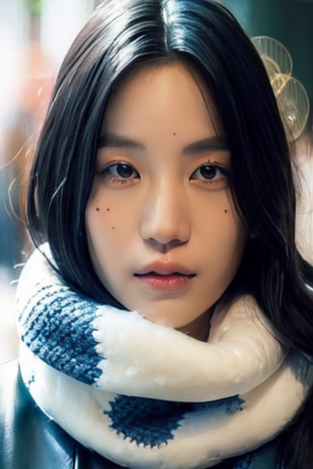 1girl,(close-up:1.4),(winter ,snowy:1.2),(RAW photo:1.2), (photorealistic:1.4),(masterpiece:1.3),(best quality,1boy:1.4), dreamlike, (detailed eyes),(detailed facial features), (detailed clothes features) solo, cute,closed mouth, (medium breasts), black hair, black eyes, crystal pendant, Long blue scarf,White long wool coat,Black thick pantyhose,Brown snow boots,(detailed face), grunge,(high detailed skin:1.2),soft lighting, high quality,