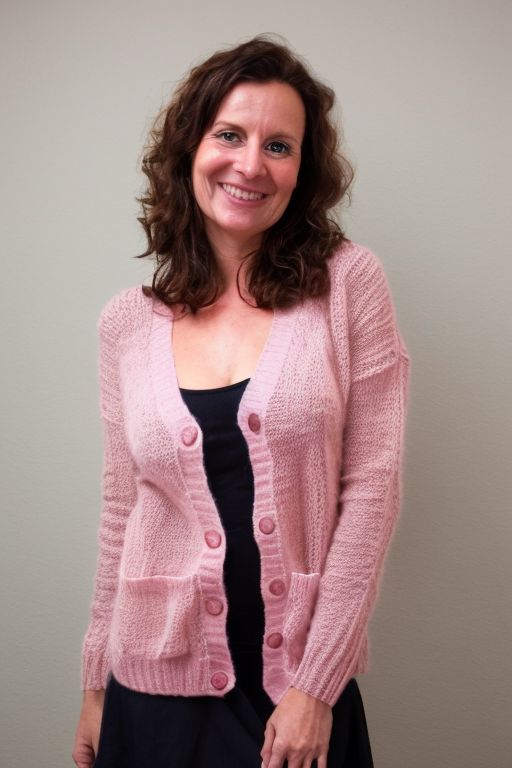 realistic photo of christa, a cute woman, pink knit cardigan, very huge natural bust, skirt, looking at the camera, standing, simple background, beautiful, (intricate details), ultra detailed, flash photography lighting
