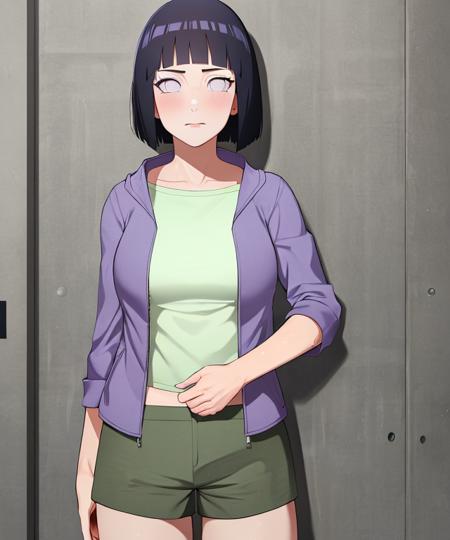 nsfw, Best quality, absurdres, ultra-detailed,  <lora:HinataV3-1:1>, hyuuga hinata, Hinata-Boruto-Outfit, purple_cropped_jacket, white_undershirt, green_shorts, 1girl, breasts, solo, short hair