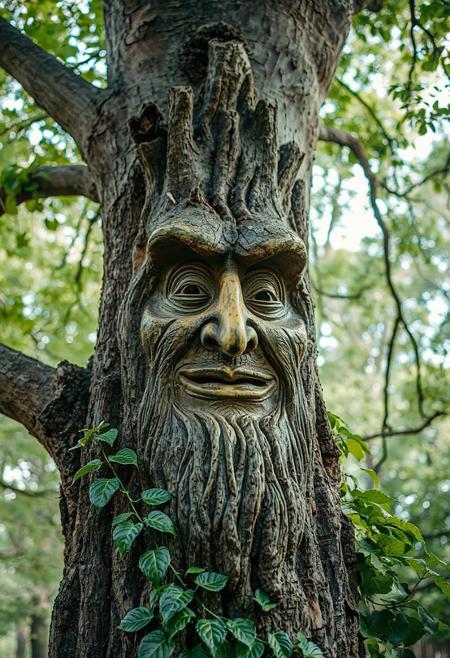 tree with leaves, photo of a tree with a face carved from wood, wide mouth, slight smile, mouth closed of an tree wizard, ent, detailed photo humanoid ent,  wise man,