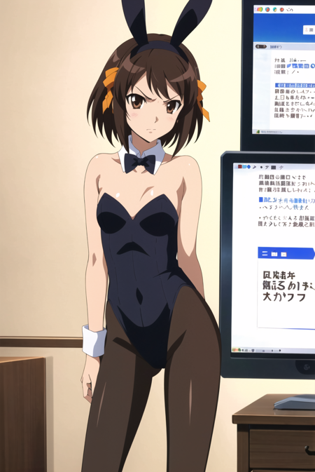 <lora:animemix_v3_offset:1> 1girl, animal ears, annoyed, brown eyes, brown hair, computer, fake animal ears, leotard, looking at viewer, mouse \(computer\), pantyhose, playboy bunny, screencap, short hair, solo, suzumiya haruhi, (suzumiya haruhi no yuuutsu)