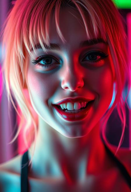 a portrait photo of an ethereal beauty, a cyberpunk girl bathing in neon light, her eyes are black as obsidian and a cruel smile plays on her lips, slightly exposing her pointy fangs,  as she is searching for her victim,