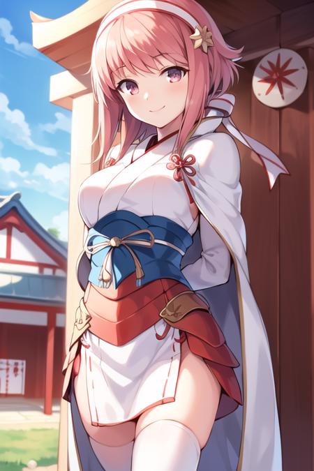 <lora:Sakura_fe_v1:.8>, sakura_fe, japanese clothes, white cape, thighhighs, gloves, hairband, shrine, blue sky, arms behind back, light smile