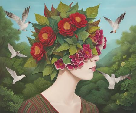 (masterpiece, illustration, high quality), (((a painting of a woman with flowers in her hair and birds flying around her head, human_nature_lora))), forest, (depth of field), <lora:human_nature_l0ra:0.7>