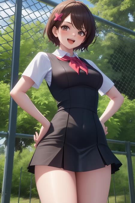 masterpiece, best quality, 1girl, solo, <lora:lass-pokemonhgss-richy-v1:1> lass, hair ornament, neckerchief, pinafore dress, (miniskirt:1.4), thighs, white shirt, short sleeves, chain-link fence, leaning back, hands on hips, looking at viewer, :d