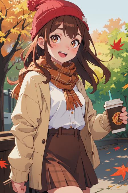 1girl, (\:d:1.0) autumn leaves, bangs, black headwear, blurry background, blush, brown eyes, brown hair, brown scarf, brown skirt, cardigan, coffee, cowboy shot, cup, disposable cup, drink, falling leaves, beanie, holding, holding drink, leaf, long hair, long sleeves, looking at viewer, open cardigan, open mouth, plaid, plaid skirt, puffy long sleeves, red sweater, scarf, shirt, shirt tucked in, sidelocks, skirt, smile, solo, sweater, white shirt, extremely detailed, intricate, masterpiece, absurdres