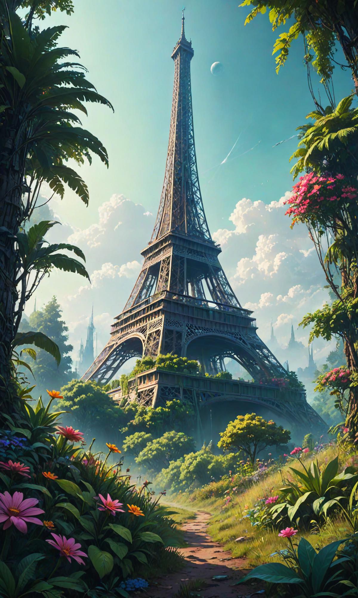 Eiffel Tower in Paris, France, surrounded by trees and flowers.