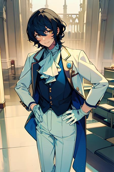 Tsumugi Aoba, solo, smile, black hair, gloves, 1boy, male focus, white gloves, hand on hip, formal, vest, long sleeves, standing, buttons, outdoors, white jacket, indoors, pants, white pants, cowboy shot, ascot, blush