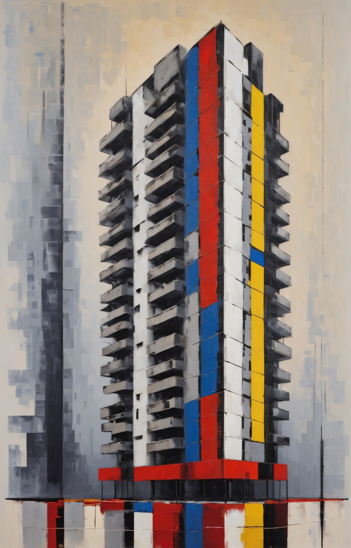 A painting of a tall, colorful building with windows.