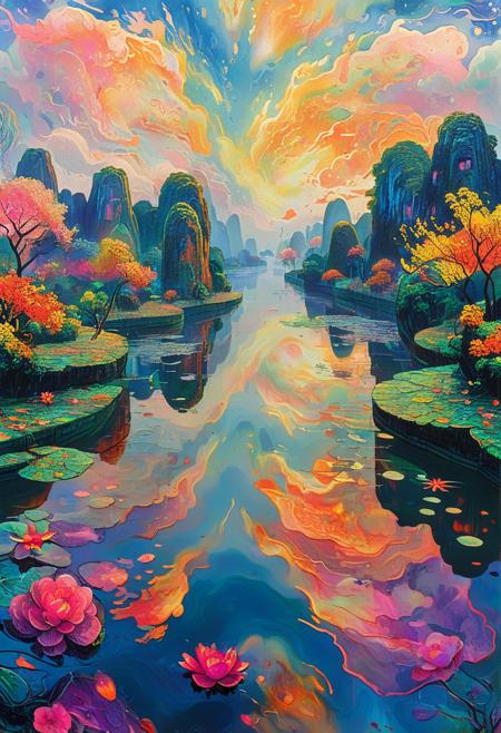 PsychadelicChaos, Abstract, landscape of a In the heart of Hanoi, a serene lake reflects the colors of the sky above. The water is so clear that it seems to shimmer and dance in all directions, as if alive and breathing. But this is no ordinary scene - it's psychadelic, with intricate details and vivid colors. at Midday, Satisfying, Mythpunk, Fujicolor, <lora:Challenge\aidmaPsychadelicChaosWorldMorphXL-V0.1:1.0>