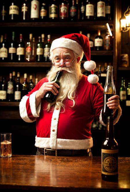 drunk, creepy santa, muddy, crowded bottles bar, intricate details, hdr, intricate details, hyperdetailed, cinematic, dark shot, muted colors, film grainy, soothing tones, muted colors, technicolor