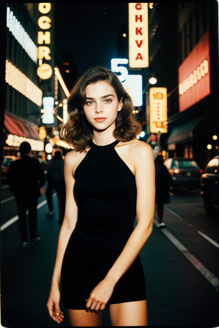 KiernanShipka, (upper body), ((1980s photograph, soft blush, pale skin, sleek hair, black dress with square neckline)), Century Camera Co. Studio, 160mm f/8, 1/10s, ISO 25, ((tintype)), smile, big eyes, doe-eyed, (analog, film, film grain:1.4), ((outside Studio 54, disco, night, gritty Manhattan street)), smile:1.3, <lora:nighttime_v1:0.1>