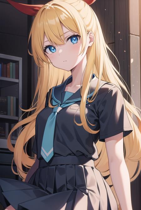 chitogekirisaki, <lora:chitogekirisakitest:1>, chitoge kirisaki, blonde hair, blue eyes, hair ribbon, long hair, red ribbon, ribbon,
BREAK black thighhighs, blue skirt, bonyari high school uniform, high heels, necktie, platform footwear, platform heels, pleated skirt, school uniform, serafuku, shoes, short sleeves, skirt, thighhighs, white footwear, zettai ryouiki,
BREAK indoors, classroom,
BREAK looking at viewer, BREAK <lora:GoodHands-vanilla:1>, (masterpiece:1.2), best quality, high resolution, unity 8k wallpaper, (illustration:0.8), (beautiful detailed eyes:1.6), extremely detailed face, perfect lighting, extremely detailed CG, (perfect hands, perfect anatomy),