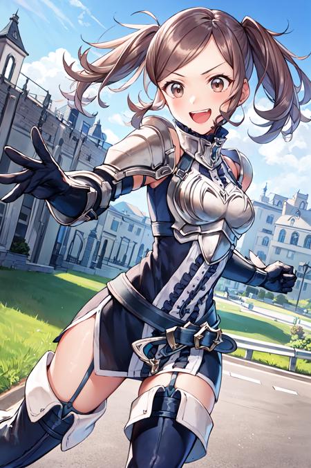 <lora:Cynthia:0.8>,smile,open mouth,cynthia,dynamic pose,battle, brown hair,twintails,thighhighs, gloves, armor, short dress, boots,thigh boots, dress,elbow gloves, zettai ryouiki,breastplate, shoulder armor, belt, garter straps, outdoors,(masterpiece, best quality, ultra-detailed, best shadow)