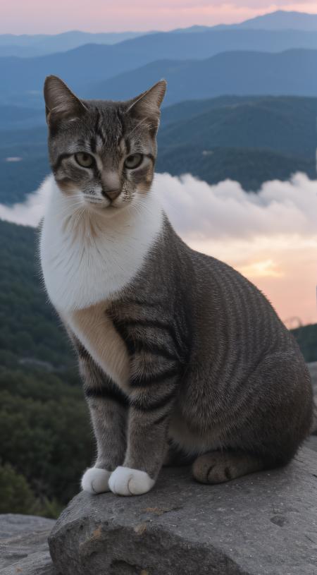 close-up, cat (on top of a mountain on a rock), ((focus on sun rising)), clouds, photorealistic, HDR