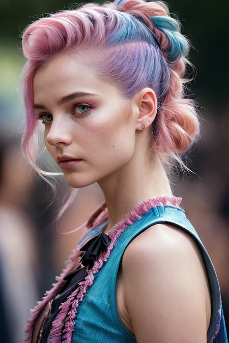 beautiful woman (Th0m4s1nMcK3nz13:.99), perfect hair, (( Medium length pink and blue half-up hairstyle:1.3)), ((portrait)), (closeup:1.2), ((from the waist up)), ((( A vibrant cultural street parade, featuring music, dance, costumes, and performances representing diverse cultural heritage   :1.2 ))), natural skin texture, ((  Tie-front top and shorts   :1.2)), 24mm, 4k textures, soft cinematic light, adobe lightroom, photolab, hdr, intricate, elegant, highly detailed, sharp focus, ((((cinematic look)))), soothing tones, insane details, intricate details, hyperdetailed, low contrast, soft cinematic light, exposure blend, hdr, faded, now, ("I've got a bad feeling about this.":1.1)