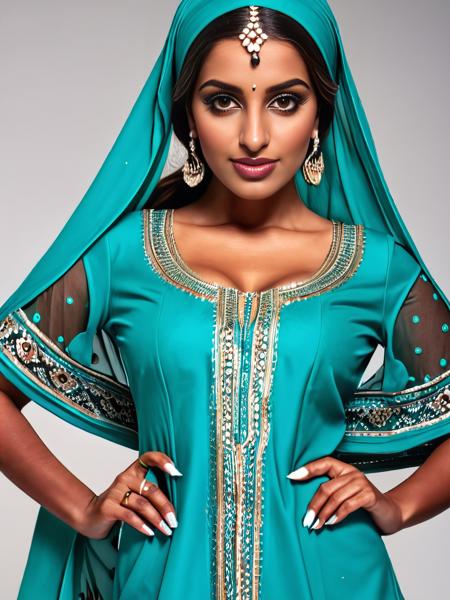 highres photo of 25 year old beautiful desiespresso woman, (plain white background: 1.6), turqoise ethnic Punjabi Suit with head scarf, fashion photography, dynamic pose, facing viewer,  <lora:Desi_Coffee_V30_SDXL_LoRA:1>