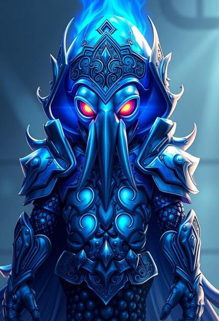A majestic, anime-style squid stands proudly, its entire body encased in a magnificent, magic blue flaming armor set. The armor seems to be forged from the very essence of the ocean itself, its plates and scales shimmering with a deep, iridescent blue light. The squid's eyes burn with an intensity that seems to pierce the very soul, its gaze fixed on some unseen horizon. The armor's surface is etched with intricate, mystical runes that seem to pulse with a power that is both ancient and eternal. Every detail of the squid's anatomy is meticulously rendered, from the delicate, feathery tendrils of its mantle to the razor-sharp, serrated edges of its beak. The armor's helmet-like structure frames the squid's face, its visor glowing with a soft, blue light that seems to amplify the intensity of its gaze. The overall effect is one of breathtaking, awe-inspiring majesty, as if the very fabric of reality is about to be transformed by this aquatic avatar of power. highest-Quality, intricate details, visually stunning, Masterpiece