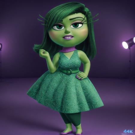 <lora:Disgust:0.75> anatomically correct, masterpiece, best high quality, RAW Photo, perfect anatomy, 4k, quality lighting, detailed hands, detailed feet, detailed eyes, solo, female character, green dress, dark green pants, purple shoes, purple neck scarf, green hair, green skin, thick thighs, wide hips, big breasts, presenting boobs <lora:BGV5EX:1> <lora:add_detail:1>