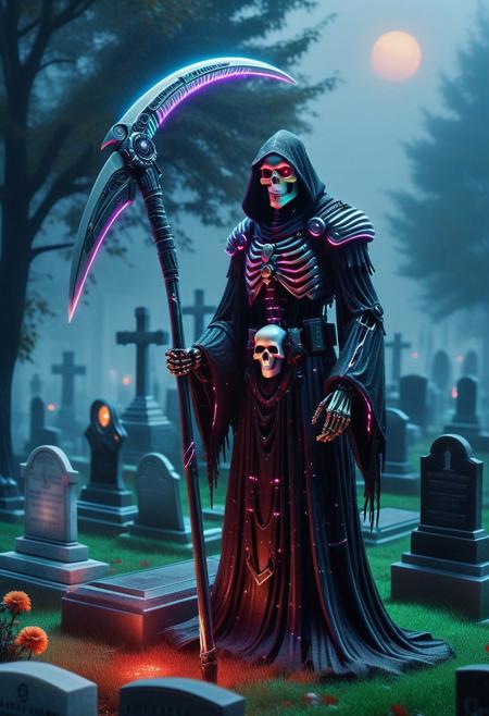 Cyborg, RGB light up Grim reaper with scythe, Cemetery background, foggy, dim, photography, high quality, detailed, realistic