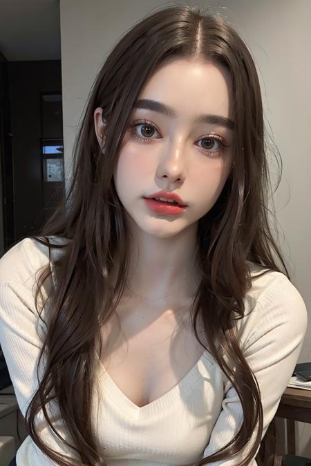 <lora:dashaTaran_v10:0.5>, <lora:InsgirlTara_v10:0.75>, wearing sweater, 1girl, long_hair, solo, breasts, looking_at_viewer, lips, realistic, upper_body, brown_eyes, cute, pale skin, realistic humid skin, extremely detailed face, extemely detailed eyes, v-shaped slim face, kpop makeup, BREAK, lanky, 173cm, 49kg, supermodel shape, 8.5 heads figure, small breasts, toned butt, thigh gap