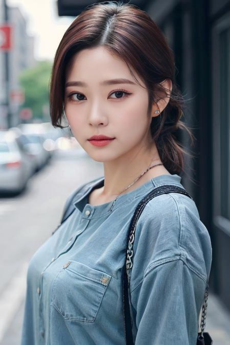 a woman, (realistic), (hyperrealism), (photorealistic), depth of field, eye makeup:0.5, (upper body:1.2), (narrow waist:0.7), looking at the viewer, casual outfit, at the city streets, <lora:httpminju:0.45>