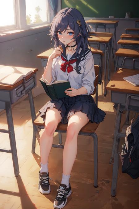 (masterpiece, top quality, best quality, official art, beautiful and aesthetic:1.2),extreme detailed,(fractal art:1.3), Fu Hua(az),<lora:Fu Hua_Azure Empyrea_v2.6:0.6>,school uniform, classroom, desk, chair, pencil, sneakers, book, choker,