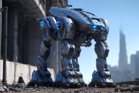 <lora:SilverPulseMorphXL:1>, silverpulse, a large four legged mecha, walking machine, armed with a massive turreted canon on top, metallic, glossy, silver and blue glow, masterpiece, best quality, highly detailed, sharp focus, dynamic lighting, <lora:add-detail-xl>, in a war-torn futuristic city,