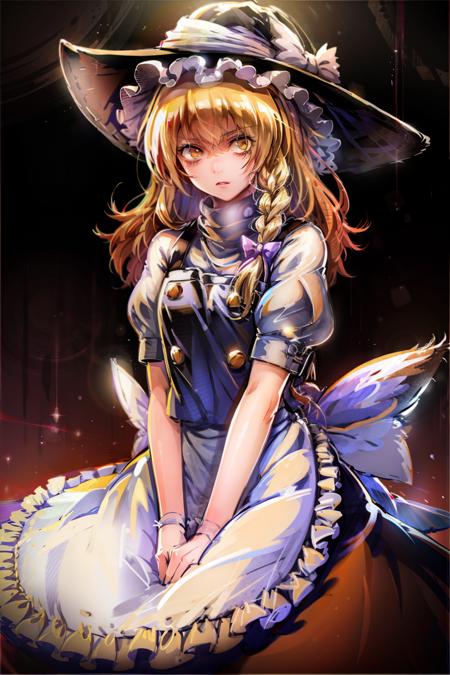 1girl, blonde hair, witch hat, yellow eyes, long hair, vest,apron, bow, short sleeves, hat bow, braid, puffy sleeves, skirt kirisame marisa