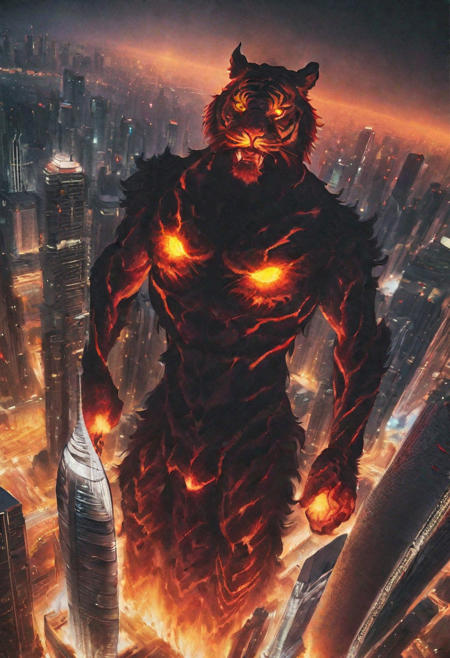 red and yellow fireball with a black vertical iris like a menacing tiger eye burning between the twin Petronaz towers