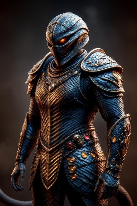 sn4k3. A battle-worn suit of armor reinforced with thick, scaled sn4k3 skin, adorned with tribal etchings and glowing rune engravings