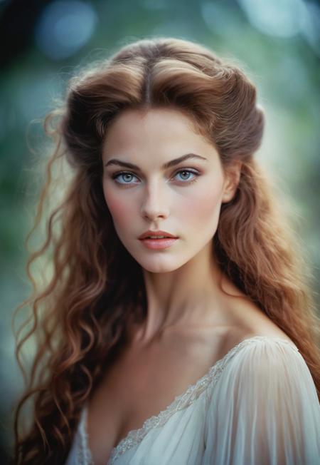 romantic facial portrait of the most beautiful glamour model ever, prim 20 year old woman, elegant long hair, highlights, (realistic skin details:1.2), blurry and out of focus in the background the washed-out colors of Cascade Saint Maurin and Pirates of the Caribbean as mere faint lights, photography by tony kelly and (george hoyningen-huene:0.7), cirque du' soleil meets edenic paradise, (face focus:1.2), award-winning avant-garde composition, sense of depth, blurry background, f1, blurry foregound, kodak portra photography, incredibly lifelike, subtle emergence of hedonsim, castaway survivor, (sexualized:0.2), (large breasts:0.3), vignette, romanticized, dramatic elegance, timeless beauty standard