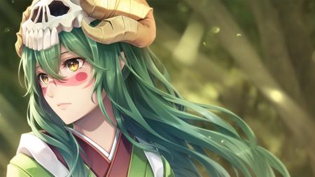 1girl,  <lora:cz_nell-000002:0.65>, green hair, close up, looking away, long hair, hard light, forest, japanese clothes, horns, scull on head, (red facial mark:1.2), yellow eyes,