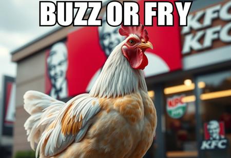 “A realistic, detailed chicken standing confidently in front of a KFC restaurant. The chicken has bright feathers, a sharp gaze, and a proud stance as if aware of its surroundings. The KFC logo is visible in the background, slightly blurred for depth. The scene is captured in a cinematic style with balanced lighting, slightly warm tones, and a shallow depth of field. Overlay bold white text with a black outline in meme style at the top: ‘BUZZ OR FRY’.”