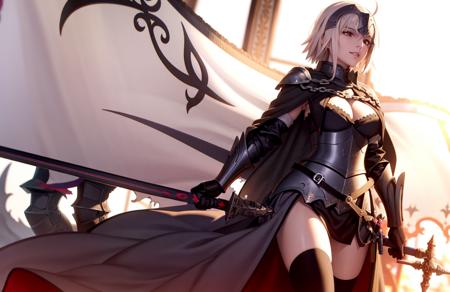 masterpiece, best quality,1girl, jeanne d'arc alter (fate), jeanne d'arc alter (avenger) (fate), yellow eyes, thighhighs, solo, weapon, sword, breasts, ahoge, armor, large breasts, gauntlets, headpiece, cape, short hair, black thighhighs, smile, armored dress,(kbxll:0.6)