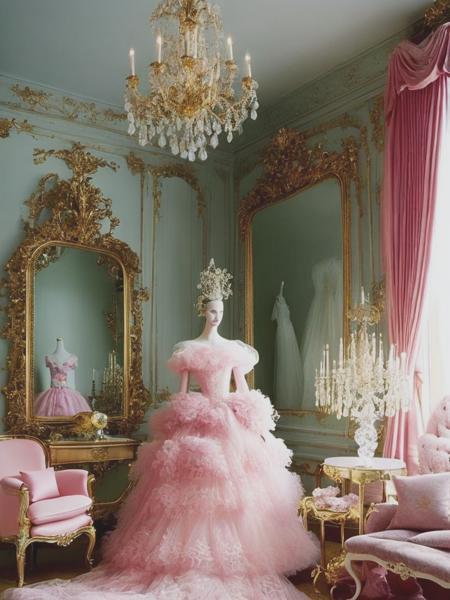 <lyco:TimWalker:1.0> Tim walker. A rococo dress boutique. Lots of vintage decorations in the room. The picture is clustered and messy. Very detailed. Surreal. Soft pink.