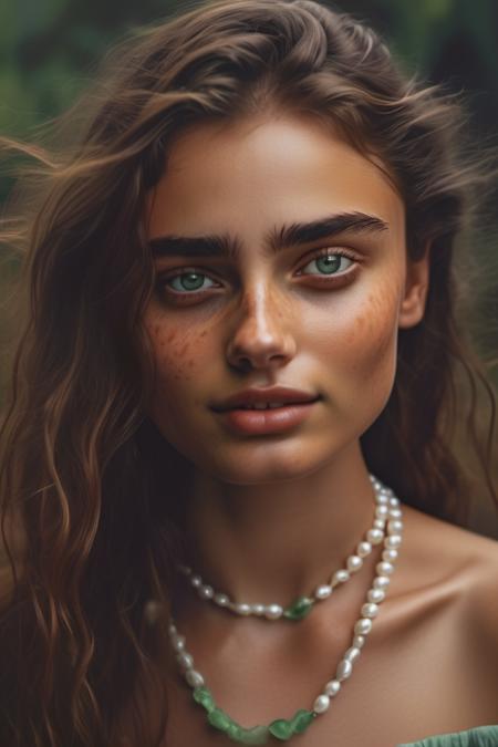 <lora:taylor_hill_xl_lora_35:1> taylor hill woman  Realistic 8K portrait: A young Smiling Freckles brunette, green eyes, wind-blown long hair, pearl necklace; dramatic lighting, cinematic colors; hyper-above