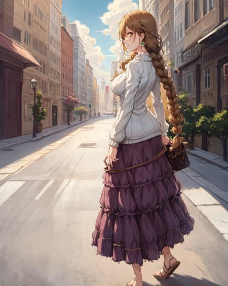 best quality, (masterpiece:1.2), illustration, absurdres,
(1girl, solo), (beautiful detailed girl),
<lora:Cecile-08:0.8>, Cecile Neues, light_brown hair, long hair, single braid, hair over one shoulder, brown eyes, large breasts, pearl earrings,
white sweater, long skirt, lavender skirt, sandals,
gentle smile, looking at viewer, from behind,,
city marketplace, fountain, buildings, trees, day, sky, clouds, sun,
ojou-sama pose