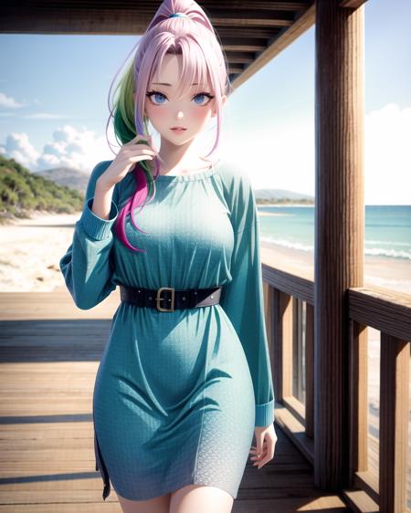 ((masterpiece), best quality, high quality, professional quality , highly detailed, highres, perfect lighting, natural lighting),, (1girl, beautiful, medium breasts, (multicolored hair, pink hair,purple hair,green hair, long hair, high ponytail), perfecteyes eyes), (wearing crocodile texture print, extremelyBeautiful_beautifulclotheswild/Extremely beautiful clothes), on the beach, walking the boardwalk, <lyco:locon_perfecteyes_v1_from_v1_64_32:0.6>