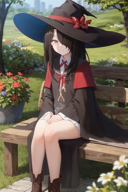 masterpiece, best quality, flan, 1girl, bangs covering one eye, smile, mole under eye, full body, red ribbon, robe, black robe, which hat, boots, long hair, garden, flower field, sitting on bench,