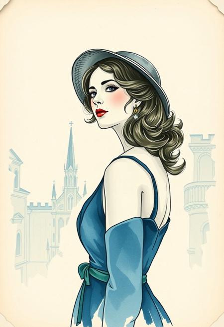 Clip art, travel, retro, history and culture, film rubber grainy texture, CityWalk, white torn paper outline, postcard. sophisticated woman rendered in a nineteenth century postcard delicate watercolor in blue tones aesthetic Art Nouveau style